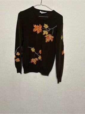 Vintage Cyn Les Shirley style Brown Crewneck Sweater Autumn Leaf Embroidery